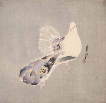 Two Loving Pigeons by Gekko, Woodblock Print