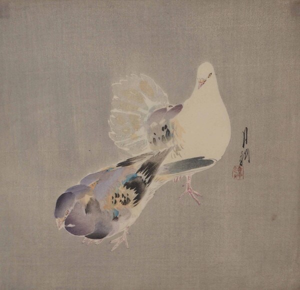 Two Loving Pigeons by Gekko, Woodblock Print