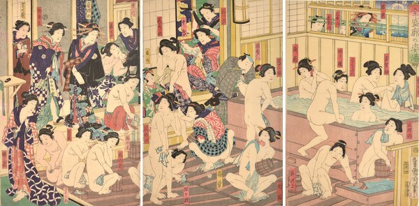 Kabuki Actors at the Yoshiwara Bath by Kunichika, Woodblock Print