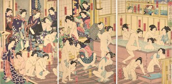 Kabuki Actors at the Yoshiwara Bath by Kunichika, Woodblock Print