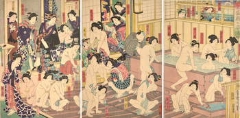 Kabuki Actors at the Yoshiwara Bath by Kunichika, Woodblock Print
