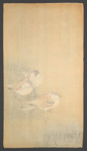 Three Sparrows in Spring Shower by Koson, Woodblock Print