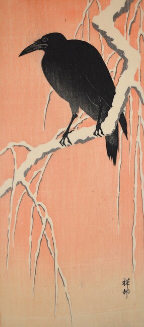 Carrion Crow on Snowcovered Willow by Shoson, Woodblock Print
