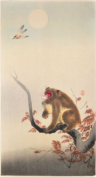 Monkey Looking at Bird by Koson, Woodblock Print