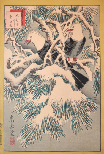 Shimahiyodori and Snowcovered Pine by Sugakudo, Woodblock Print