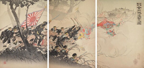 Pursuing the Retreating Enemy at Kinshu Castle (Jinzhoucheng) by Gekko, Woodblock Print