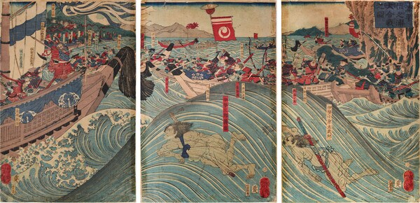 The Great Dannoura Battle of Genpei by Yoshitoshi, Woodblock Print