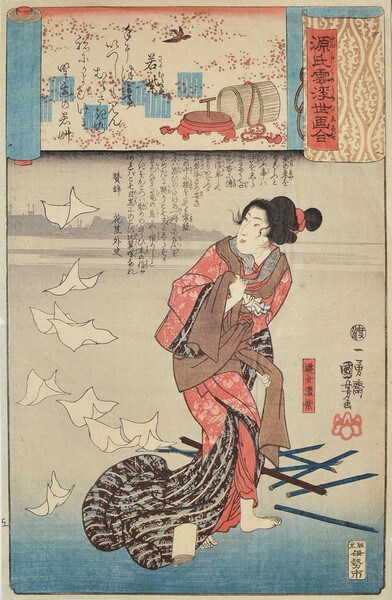 Wakamurasaki from the Tale of Genji by Kuniyoshi, Woodblock Print