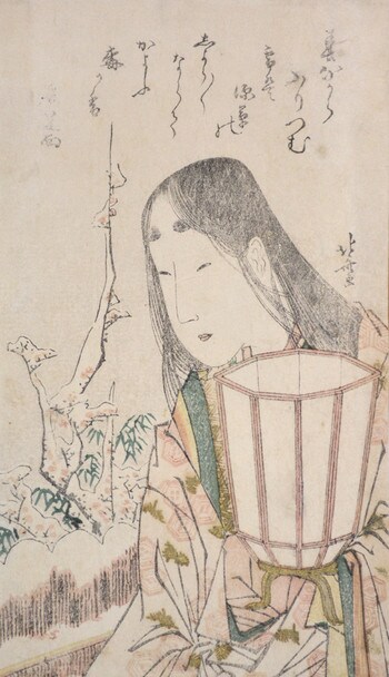 Beauty with Lantern Looking at Plum Blossoms in Snow by Hokusai, Woodblock Print