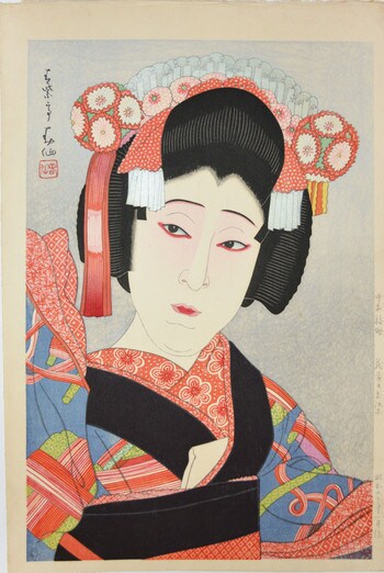 Nakamura Fukusuke VII as Osome by Natori, Shunsen, Woodblock Print