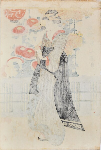 Beautiful Woman and Chrysanthemums by Eizan, Woodblock Print