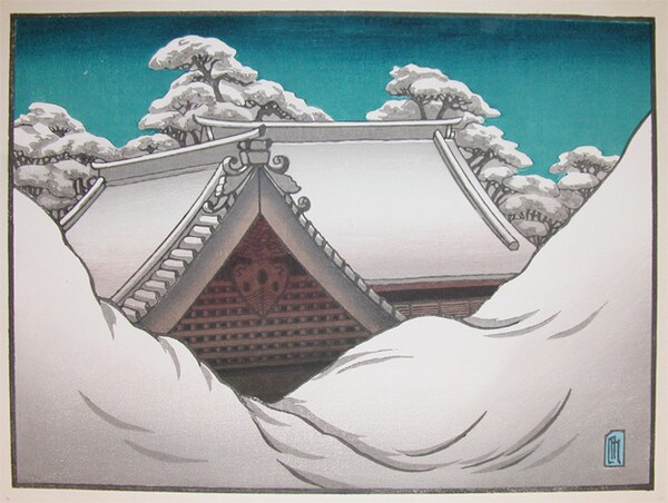 Snow on the Temple Roof by Miller, Lilian, Woodblock Print